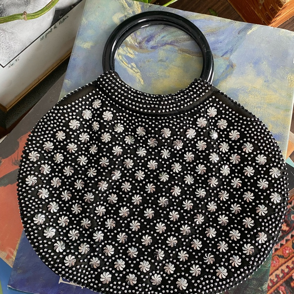 Vintage Black & Silver Beaded Round Handbag